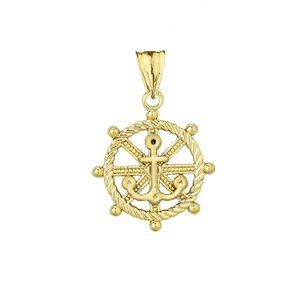 Solid 14k Gold Anchor with Roped Helm Pendant